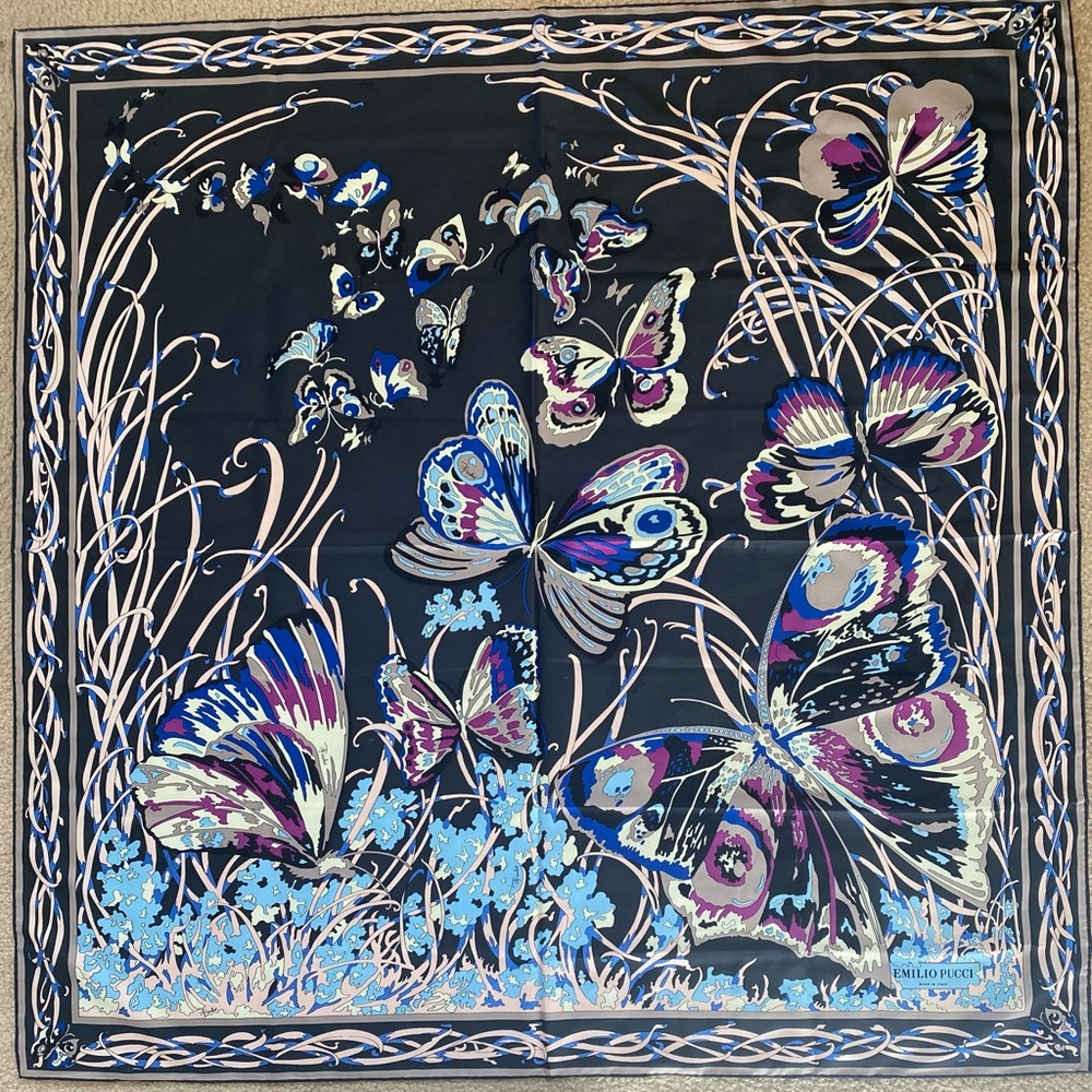 Emilio Pucci Black and Blue Butterfly Scarf